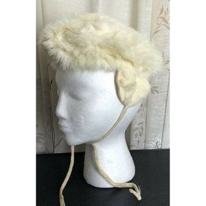 Vintage Fur Hat Child Size Ear Flaps Tie Neck White Soft